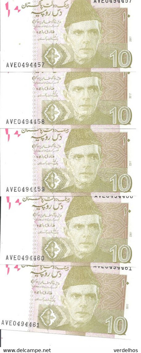 PAKISTAN 10 RUPEES 2017 UNC P 45 L ( 5 Billets ) - Pakistan