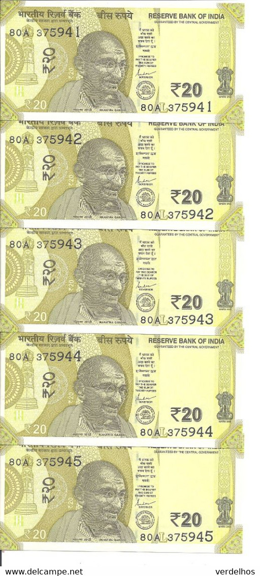 INDE 20 RUPEES 2019 UNC P 110 ( 5 Billets ) - Inde