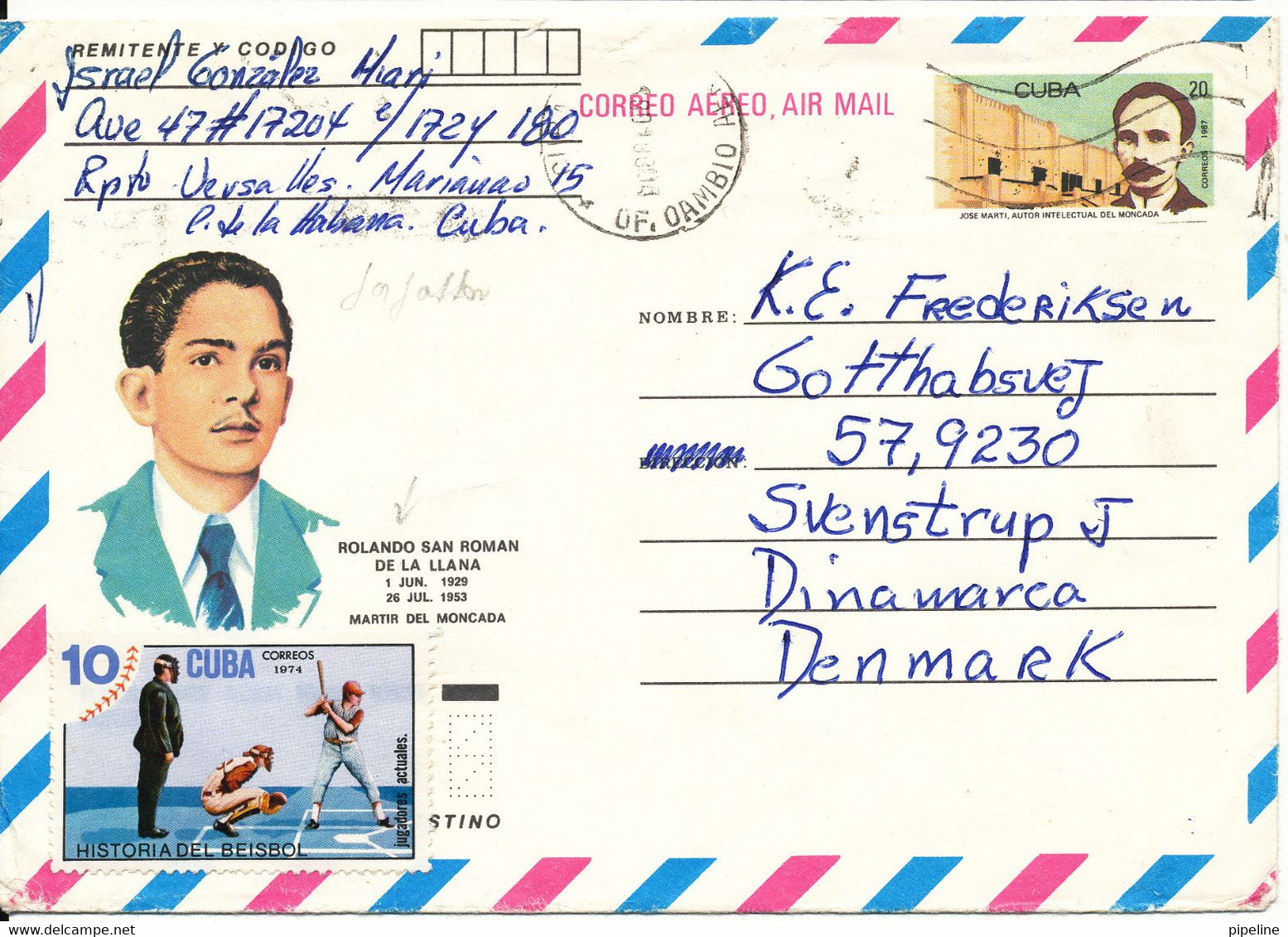 Cuba Uprated Postal Stationery Air Mail Cover Sent To Denmark 1988 - Poste Aérienne