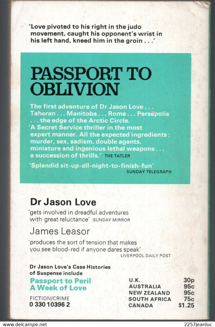 Romans  *Dr Jason Love Passport To Oblivion   * Edition  Pan Books  1972 - Andere & Zonder Classificatie