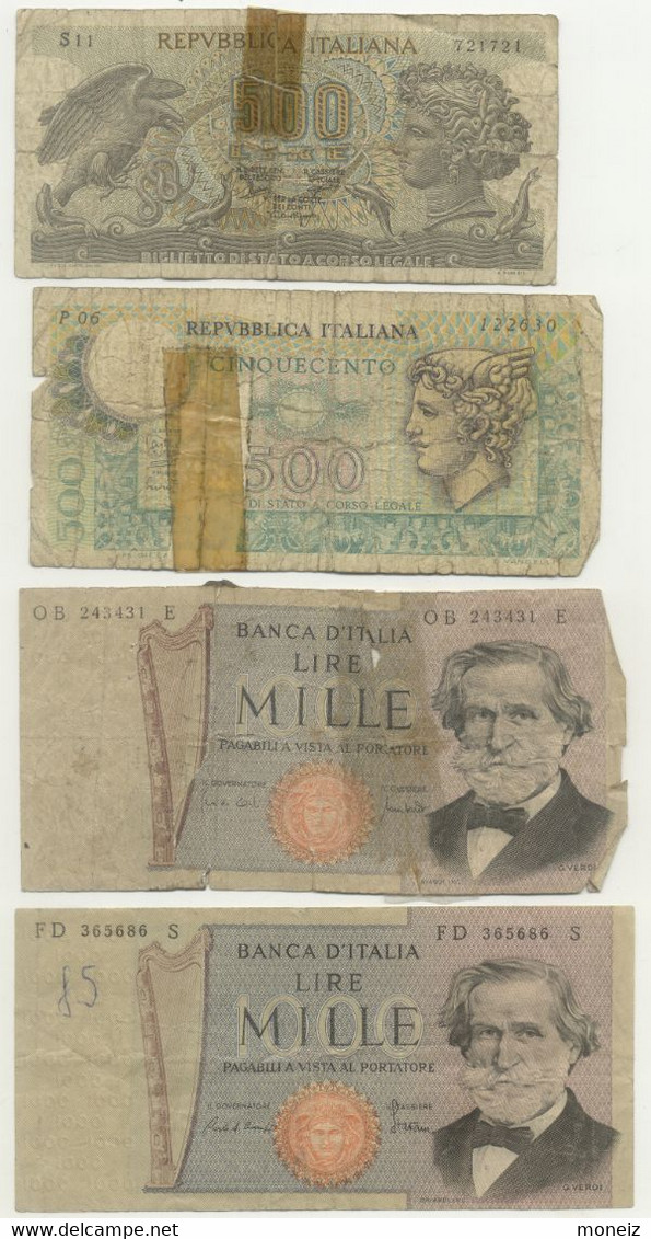 1000 Lire "Verdi" 1971+1981 + 500 Lire "Mercurio 1974 +500 Lire Aretusa 1966 + 50 LIRE "Italia Elmata"  31/12 1951 - Colecciones