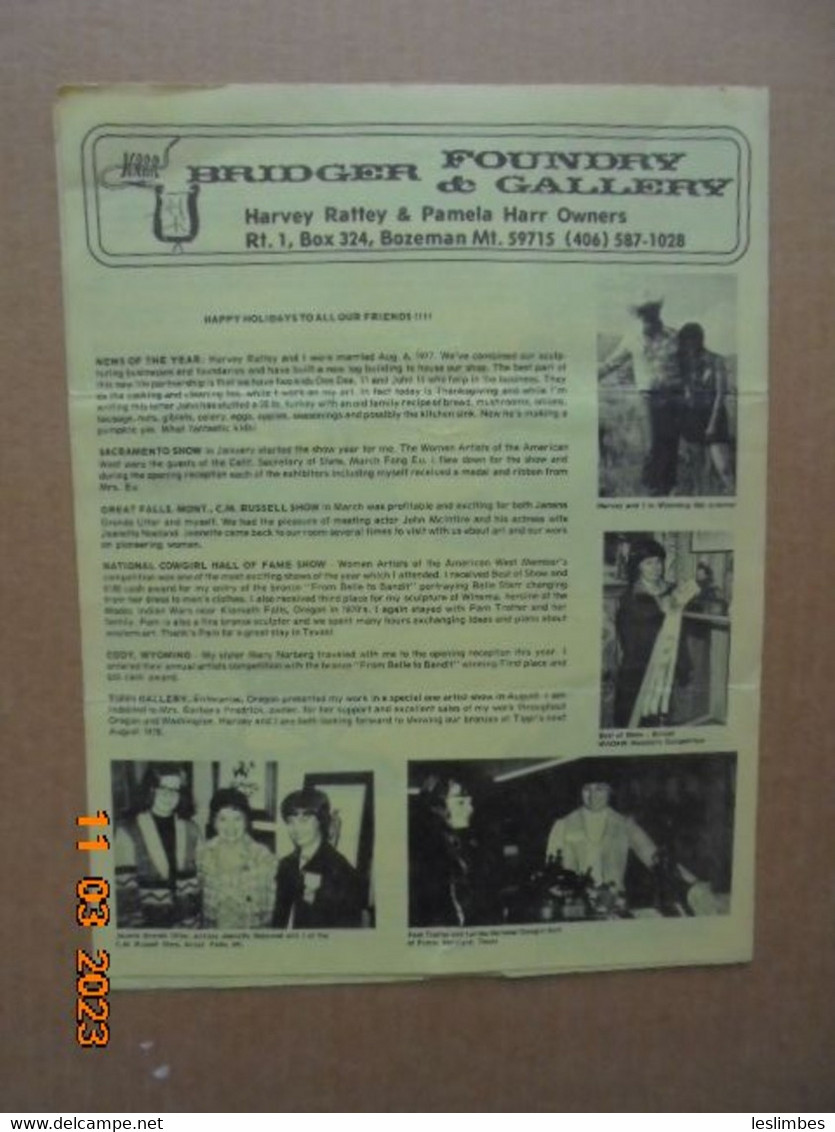 Bridger Foundry & Gallery Newsletter December 1977 - Bozeman, Montana - Harvey Rattey And Pamela Harr - Fine Arts