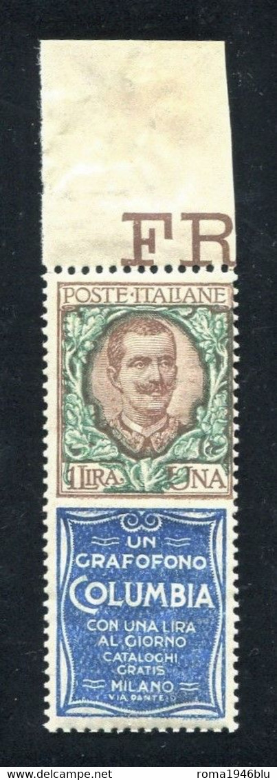 REGNO 1924 PUBBLICITARIO 1 LIRA COLUMBIA ** MNH LUSSO DISCRETAMENTE CENTRATO CERT. DIENA - Reklame