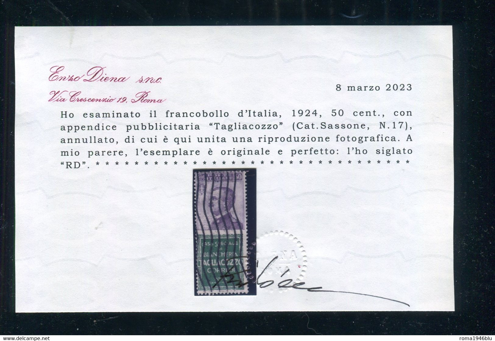 REGNO 1924 PUBBLICITARIO 50 C.TAGLIACOZZO ANNULLATO CENTRATO OTTIMO STATO CERT. DIENA - Reklame