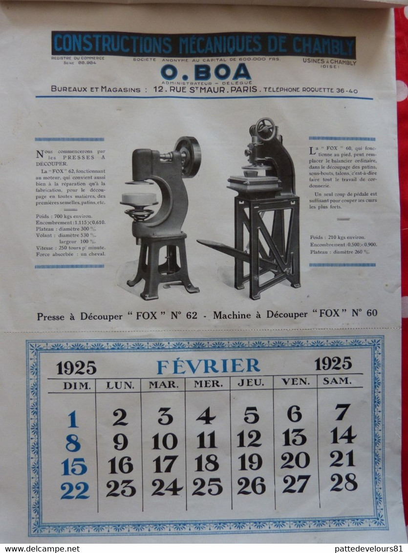 (60) CHAMBLY Calendrier D'époque 1925 (27 X 37,5) Usine Constructions Mécaniques O. BOA Machine Pour Cordonnier 12 Pages - Grossformat : 1921-40