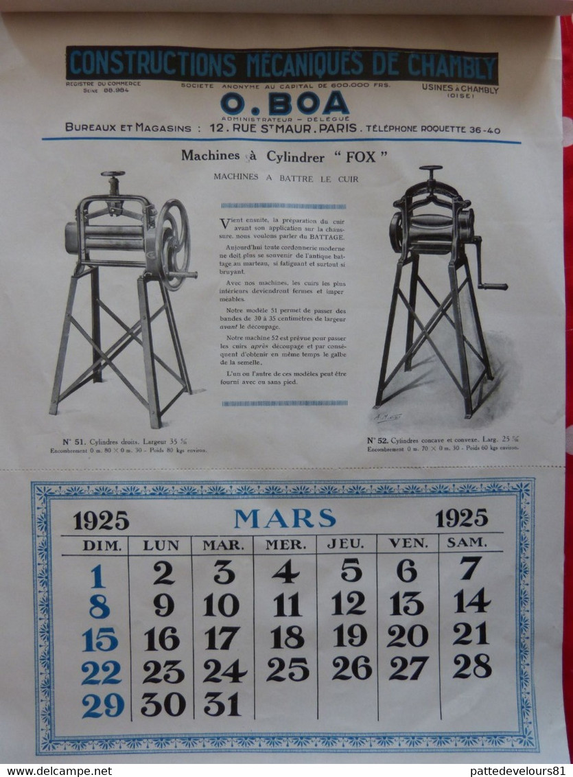 (60) CHAMBLY Calendrier D'époque 1925 (27 X 37,5) Usine Constructions Mécaniques O. BOA Machine Pour Cordonnier 12 Pages - Grand Format : 1921-40