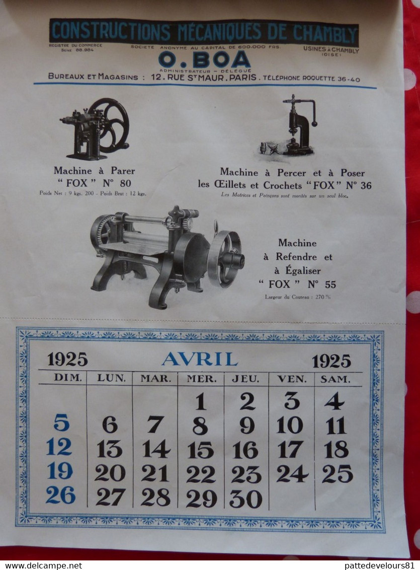 (60) CHAMBLY Calendrier D'époque 1925 (27 X 37,5) Usine Constructions Mécaniques O. BOA Machine Pour Cordonnier 12 Pages - Grossformat : 1921-40