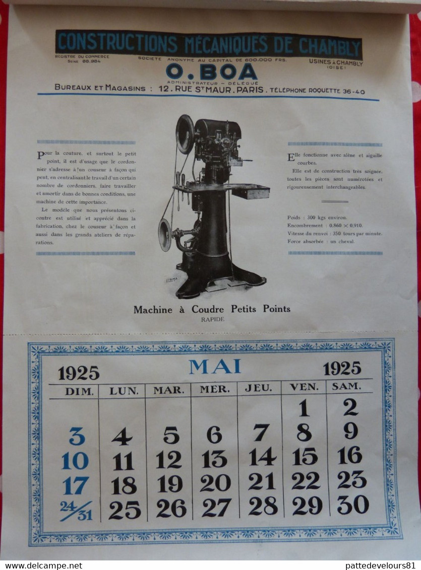 (60) CHAMBLY Calendrier D'époque 1925 (27 X 37,5) Usine Constructions Mécaniques O. BOA Machine Pour Cordonnier 12 Pages - Big : 1921-40