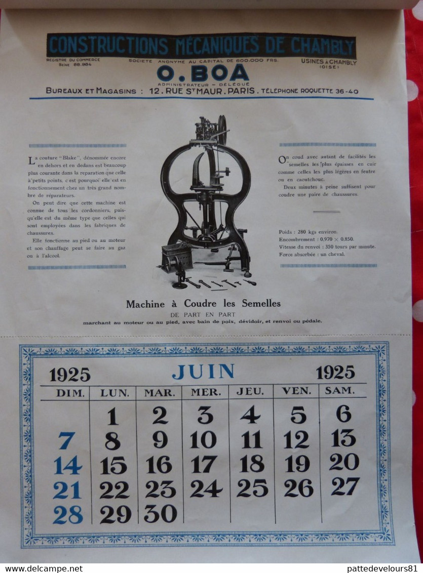 (60) CHAMBLY Calendrier d'époque 1925 (27 x 37,5) Usine Constructions Mécaniques O. BOA Machine pour Cordonnier 12 pages