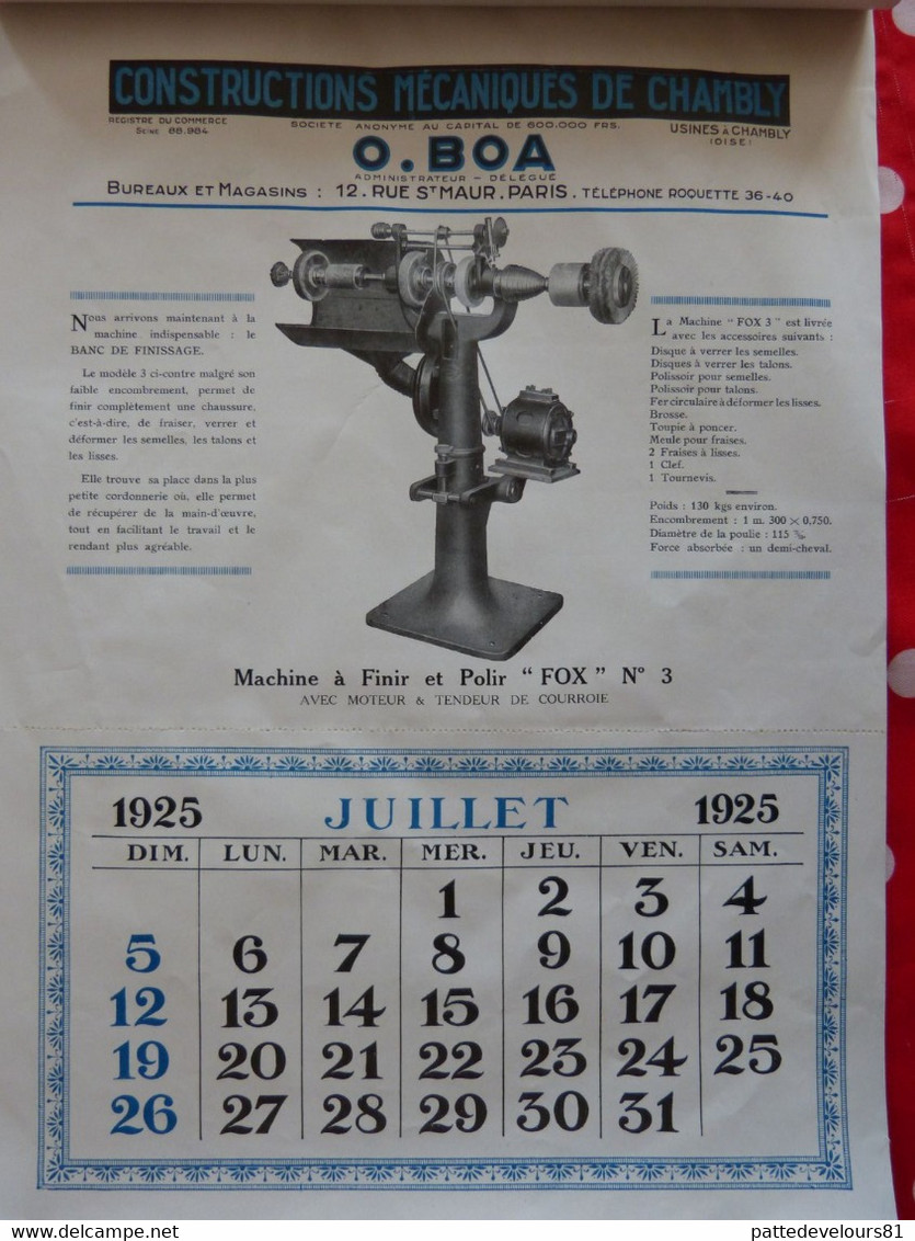 (60) CHAMBLY Calendrier d'époque 1925 (27 x 37,5) Usine Constructions Mécaniques O. BOA Machine pour Cordonnier 12 pages