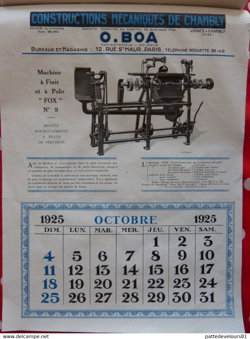 (60) CHAMBLY Calendrier d'époque 1925 (27 x 37,5) Usine Constructions Mécaniques O. BOA Machine pour Cordonnier 12 pages