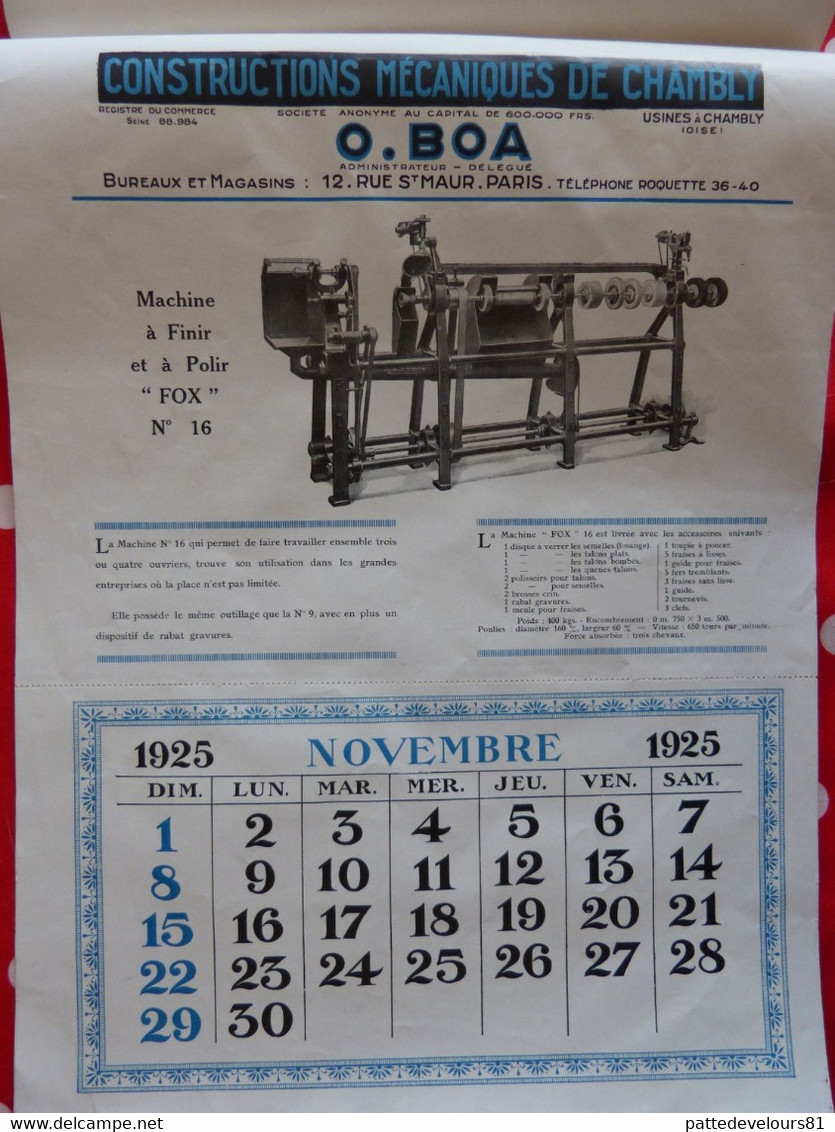 (60) CHAMBLY Calendrier d'époque 1925 (27 x 37,5) Usine Constructions Mécaniques O. BOA Machine pour Cordonnier 12 pages