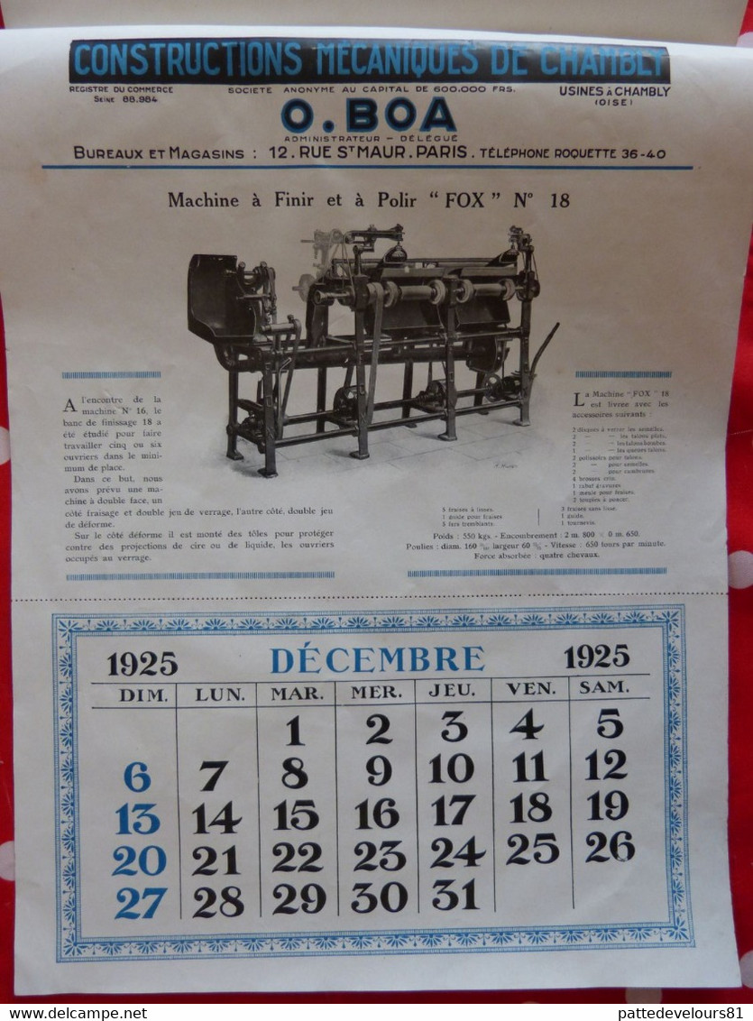 (60) CHAMBLY Calendrier d'époque 1925 (27 x 37,5) Usine Constructions Mécaniques O. BOA Machine pour Cordonnier 12 pages