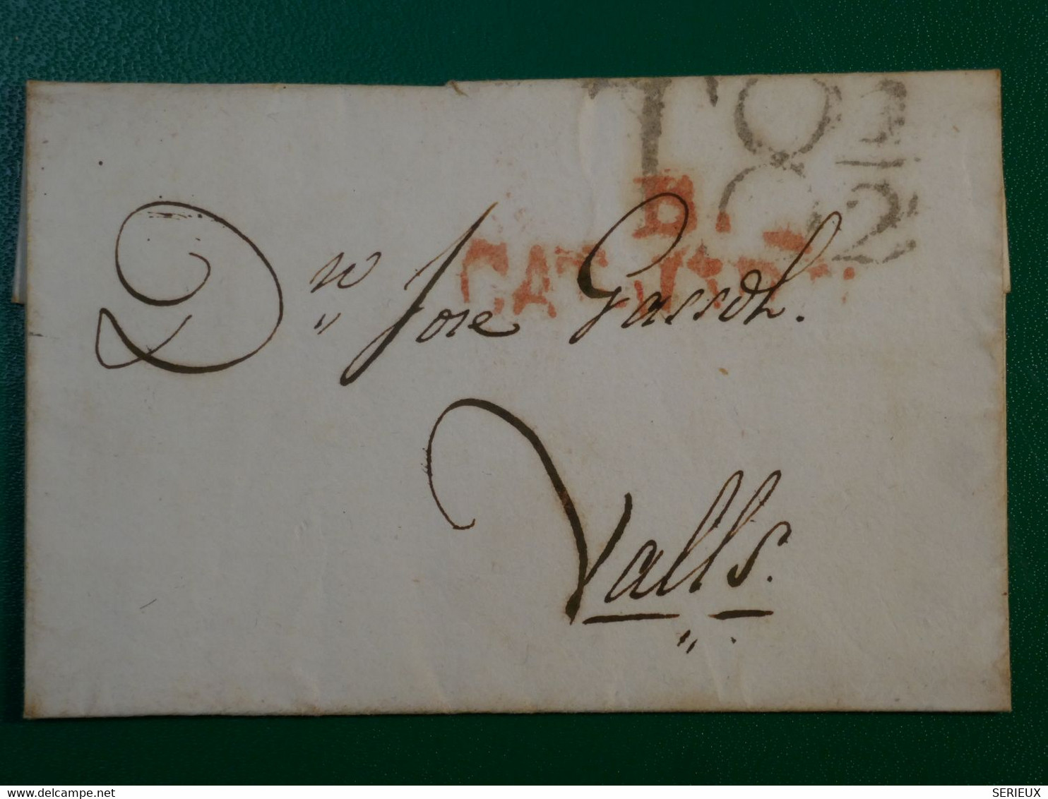 BP 10 ESPANA  BELLE LETTRE RR  1830 GRIFFE EN ROUGE A VALLS + + AFFR. INTERESSANT++ - ...-1850 Prefilatelia