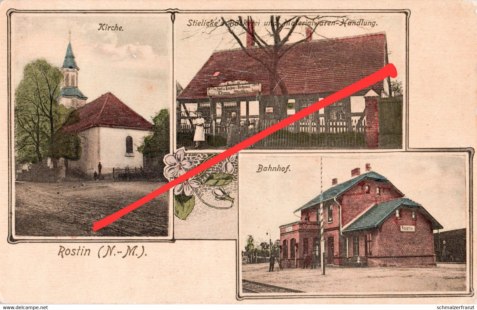 AK Rostin Roscin Bäckerei Gasthof Bahnhof Stacja Liebenfelde Nawrocko Soldin Mysliborz Bahnpost Küstrin Stargard Neumark - Neumark