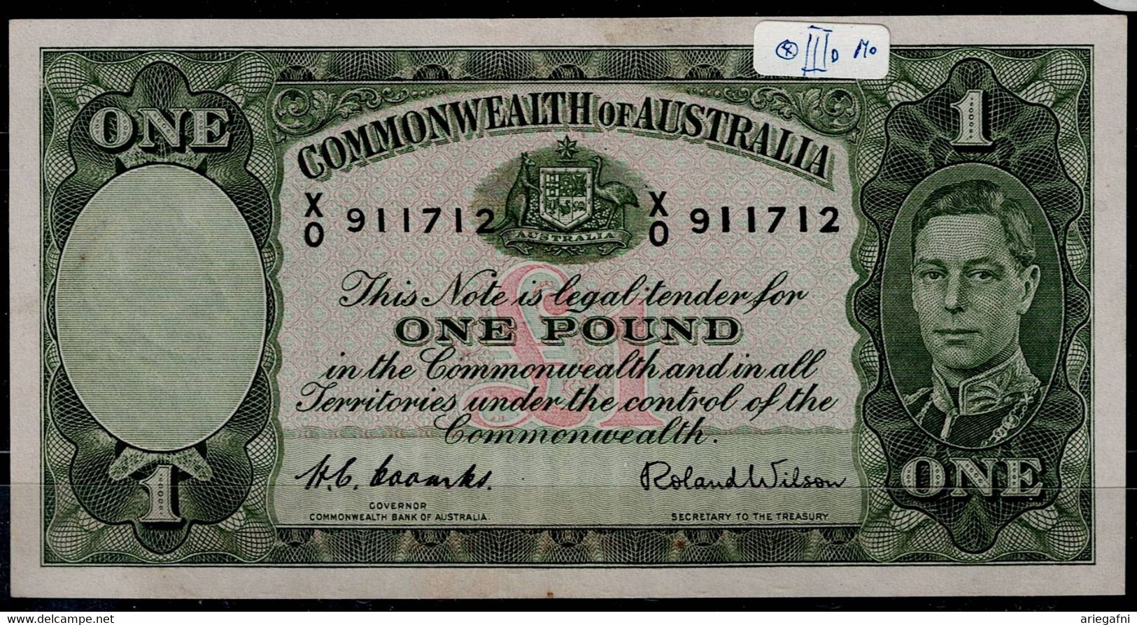 AUSTRALIA  1952 BANKNOTES 1 POUND PORTRAIT KING GEORGE VI AT RIGHT BLACK SIGNATURE H.C.COOMBS AND R.WILSON VF!! - 1938-52