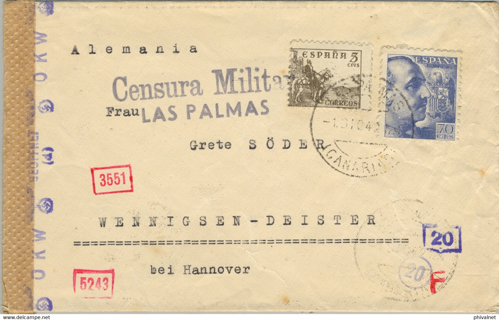 1942 CANARIAS , SOBRE CIRCULADO POR CORREO AÉREO , LAS PALMAS - HANNOVER , DOBLE CENSURA MILITAR , TRÁNSITO MADRID - Lettres & Documents