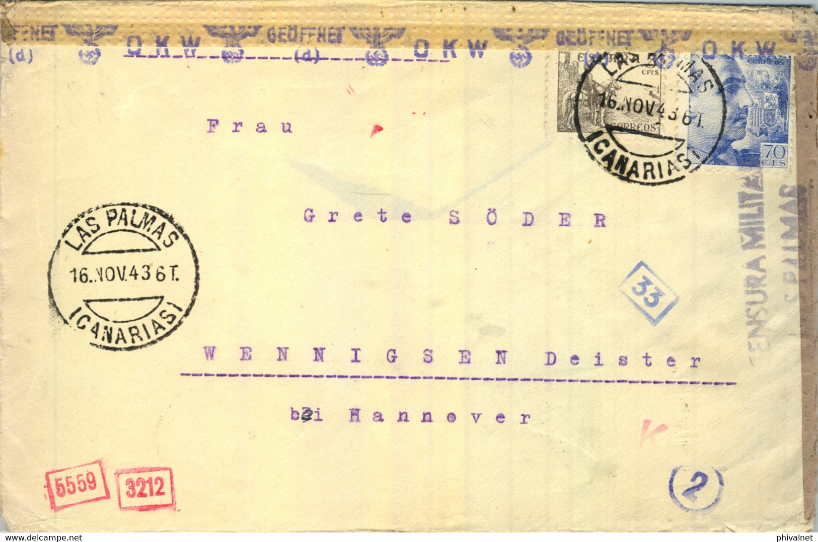 1943 CANARIAS , SOBRE CIRCULADO POR CORREO AÉREO , LAS PALMAS - HANNOVER , DOBLE CENSURA MILITAR , TRÁNSITO MADRID - Storia Postale