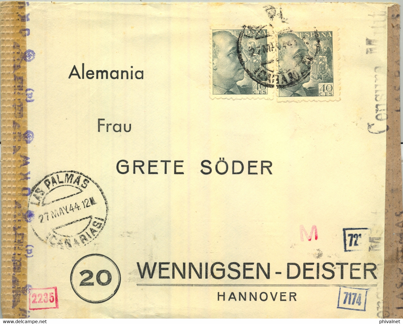 1944 CANARIAS , SOBRE CIRCULADO POR CORREO AÉREO , LAS PALMAS - HANNOVER , DOBLE CENSURA MILITAR , TRÁNSITO MADRID - Lettres & Documents