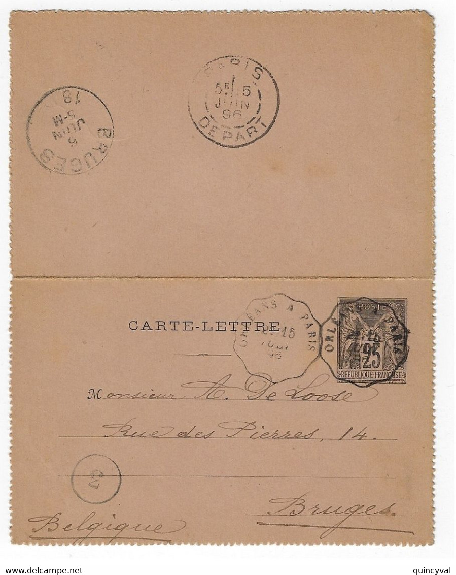 ORLEANS à PARIS Entier Carte Lettre 25c Sage Yv 97-CL Storch L5 Ob Convoyeur T 1  Dest Belgique Bruges Ob 1896 Ondulé - Cartes-lettres