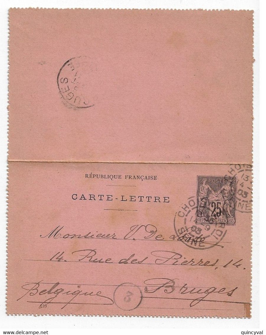 CHOISY Le ROI Entier Carte Lettre Rose Vif 25c Sage Yv 97-CL4 Storch L7 Ob T 84  Dest Belgique Bruges Ob 1903 Mill 110 - Cartes-lettres