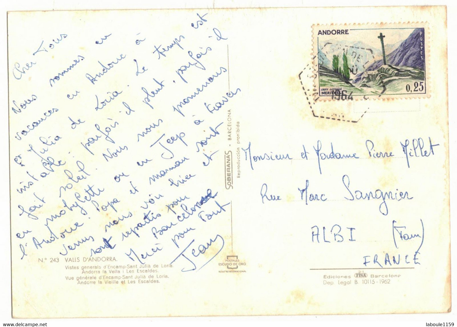 PRINCIPAT ANDORRA SUR CPSM ANDORRE VALLS D'ANDORRA VERS ALBI TARN CACHET RECETTE AUXILIAIRE SAN JOAN DE LORIA EN 1964 - Storia Postale