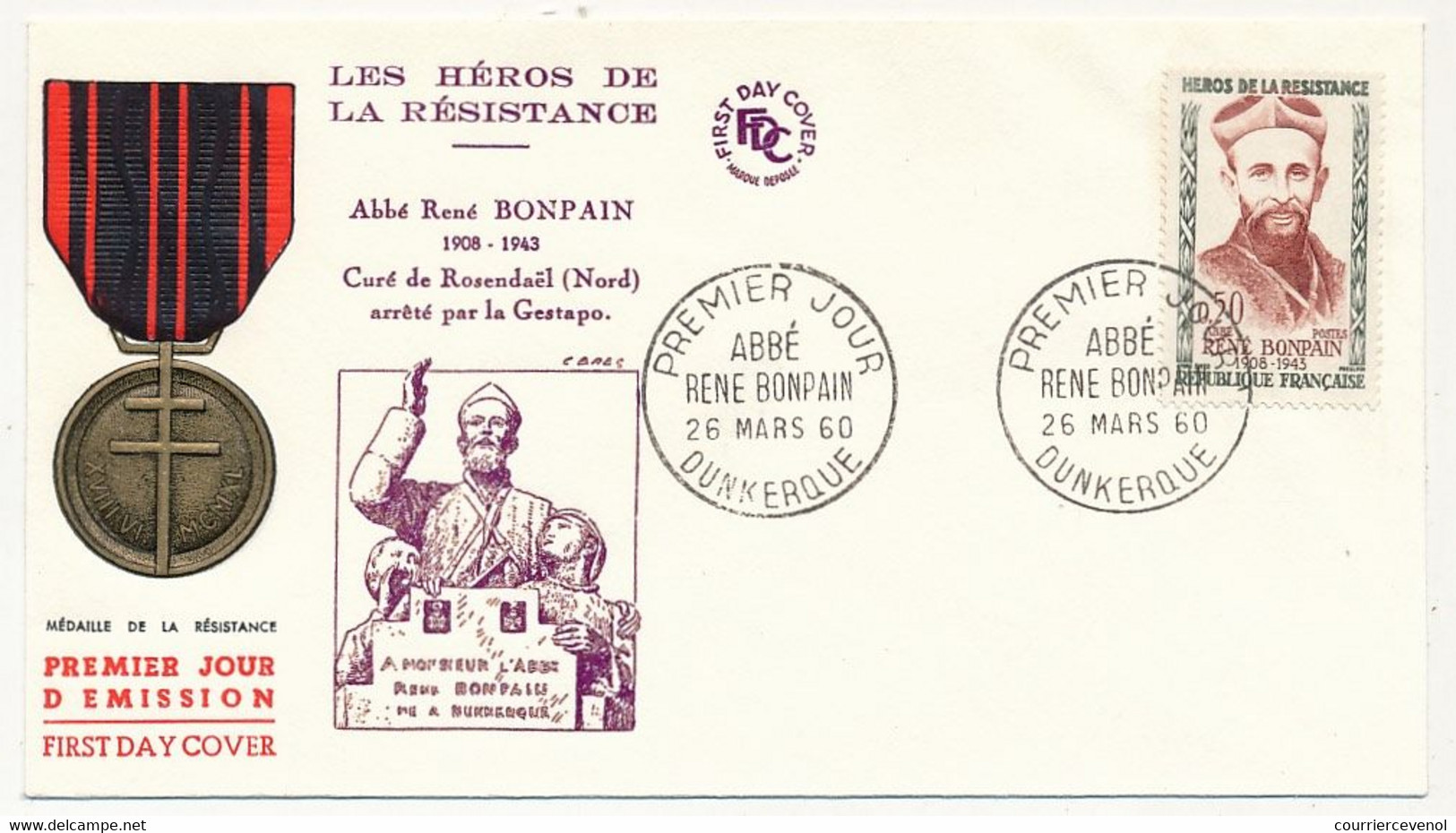 5 Enveloppes FDC "Héros De La Résistance" 1960 - Masse, Ripoche, Debeaumarché, Vieljeux, Bompain - 26/3/1960 - 1960-1969