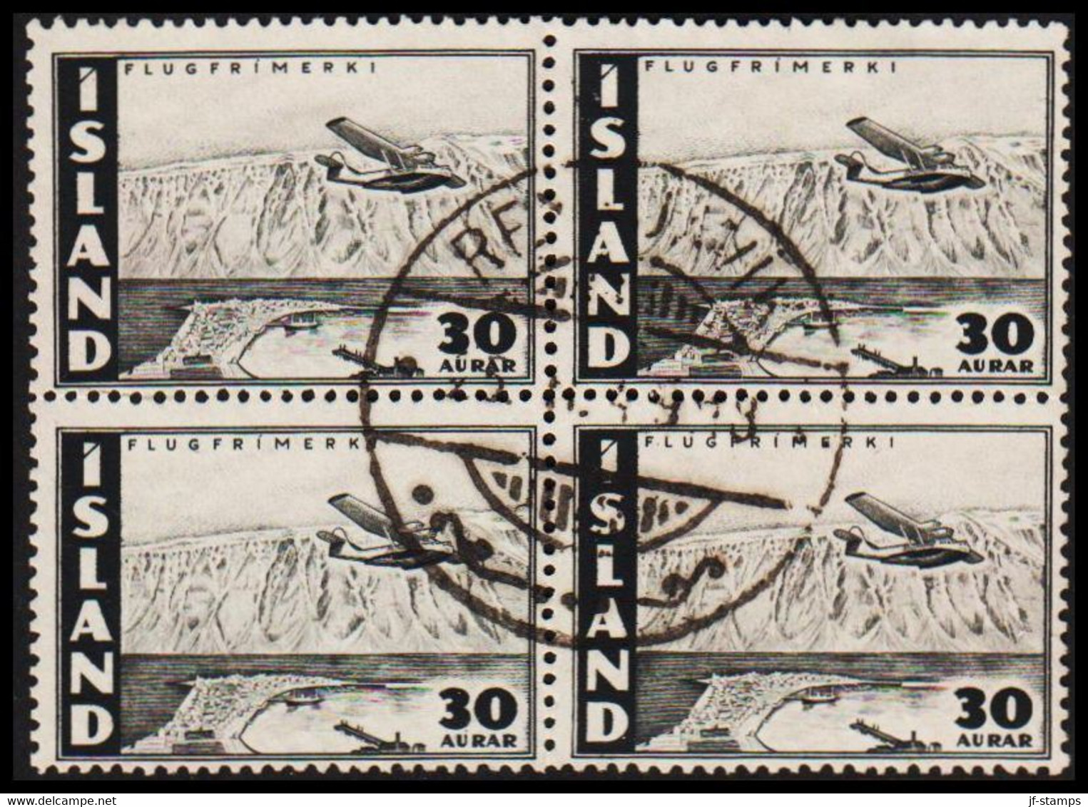 1947. ISLAND. AIR MAIL. 30 AUR Air Mail Catalina PBY-5 In Nice 4-block.  (Michel 242) - JF529971 - Used Stamps