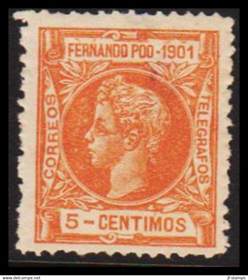 19O1. FERNANDO-POO. Alfons XIII 5 CENTIMOS Thin Spot, Hinged. (Michel 94) - JF530021 - Fernando Po