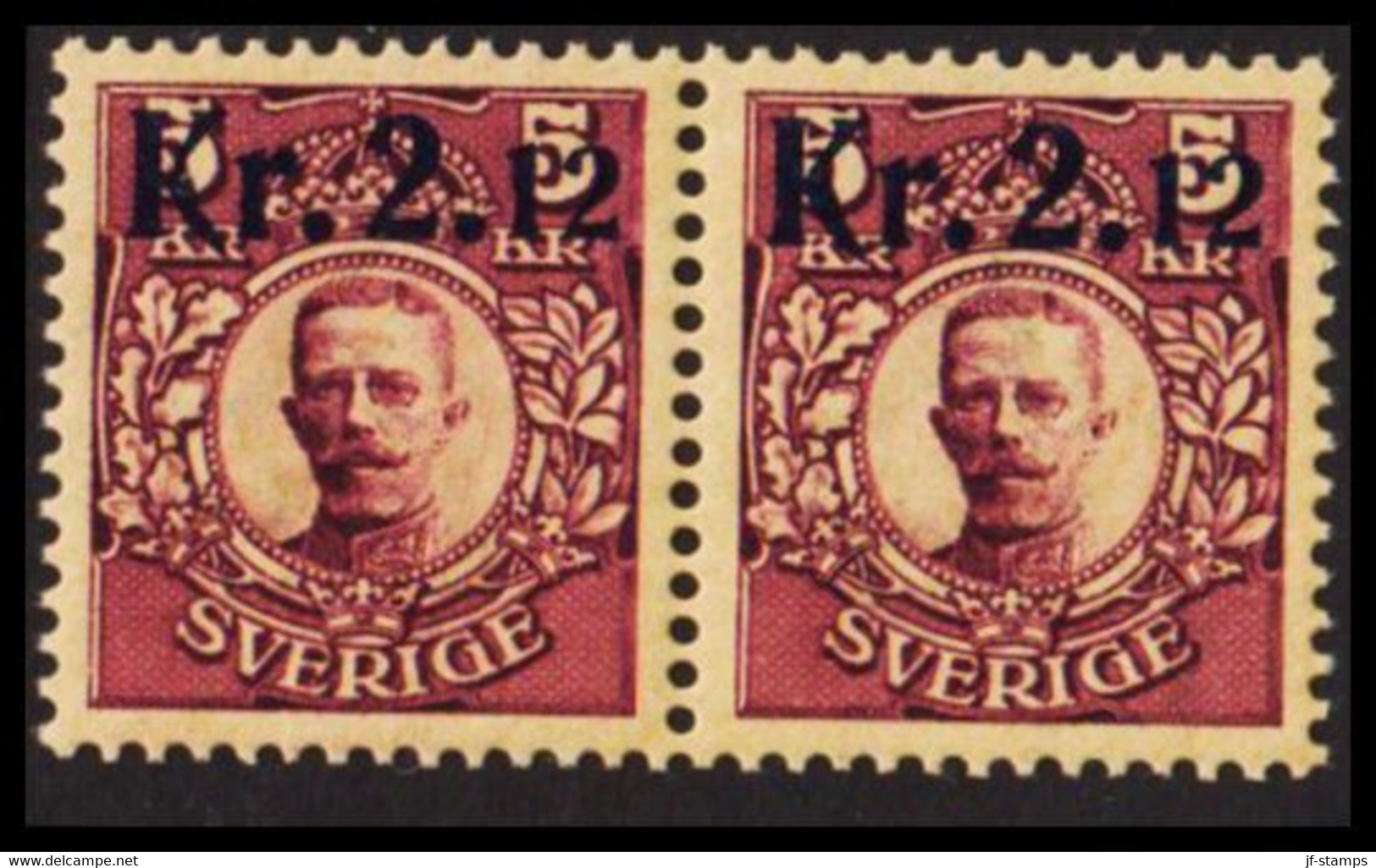 1917. Gustav V. Parcel Post Stamps. Kr. 2.12 On 5 Kr. Red Brown, Yellow Wmk. Crown. Pair Neve... (Michel 108) - JF530217 - Unused Stamps