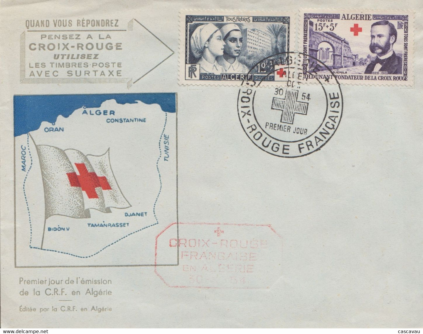 Enveloppe  FDC  1er  Jour  ALGERIE   Paire  CROIX  ROUGE    ALGER   1954 - FDC
