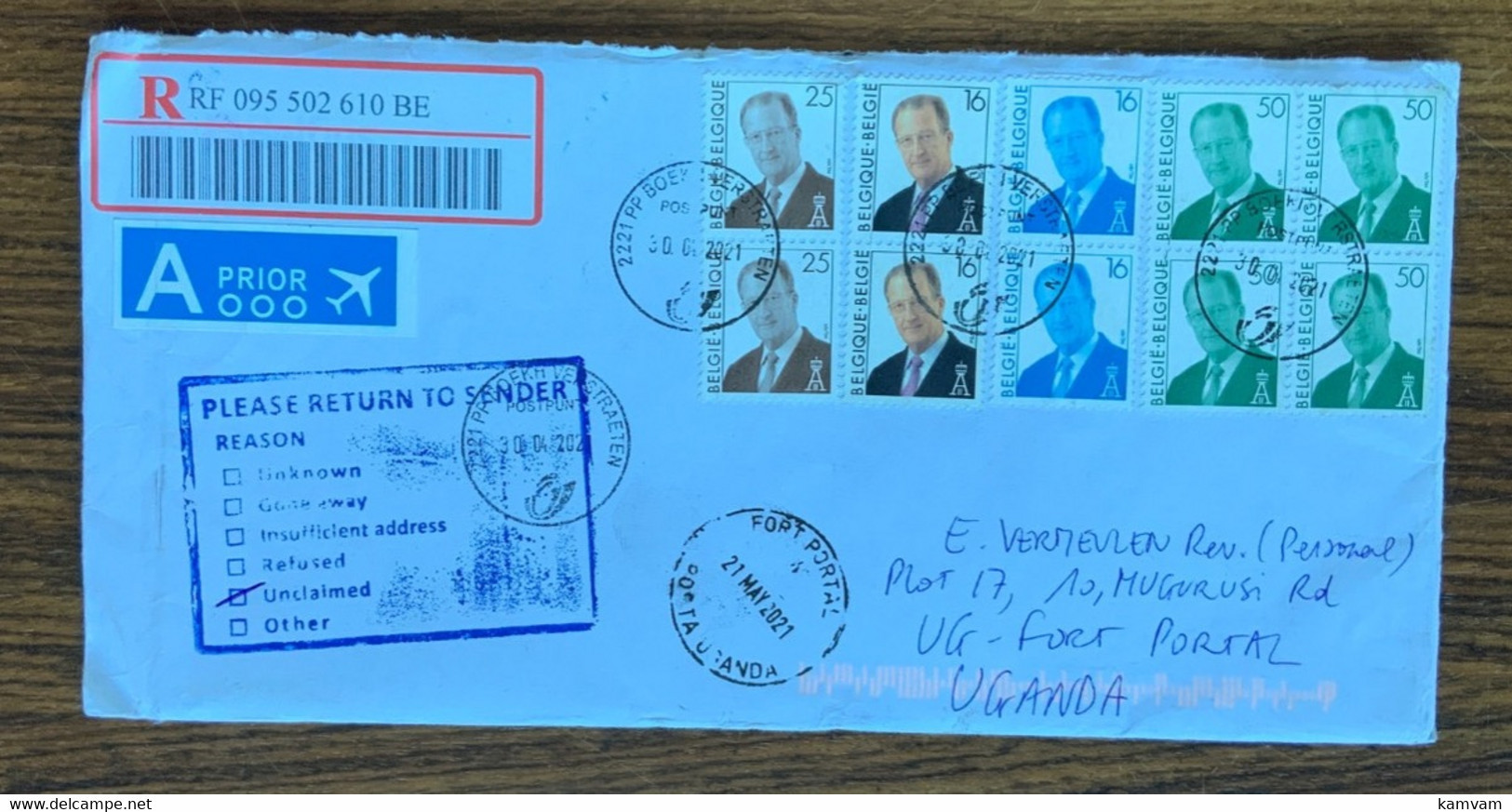 Registred Cover 2021 - Return To Sender Belgium -> Uganda Fort Portal - Briefe U. Dokumente