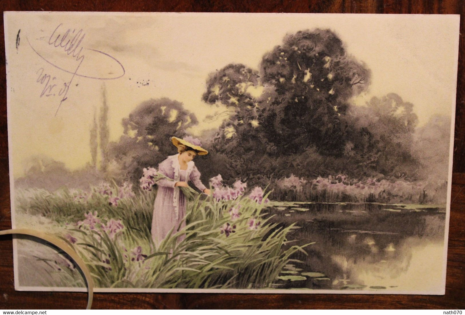 Ak CPA 1907 Femme Fleurs Iris Carte Voyagée Elsass Alsace - Other & Unclassified
