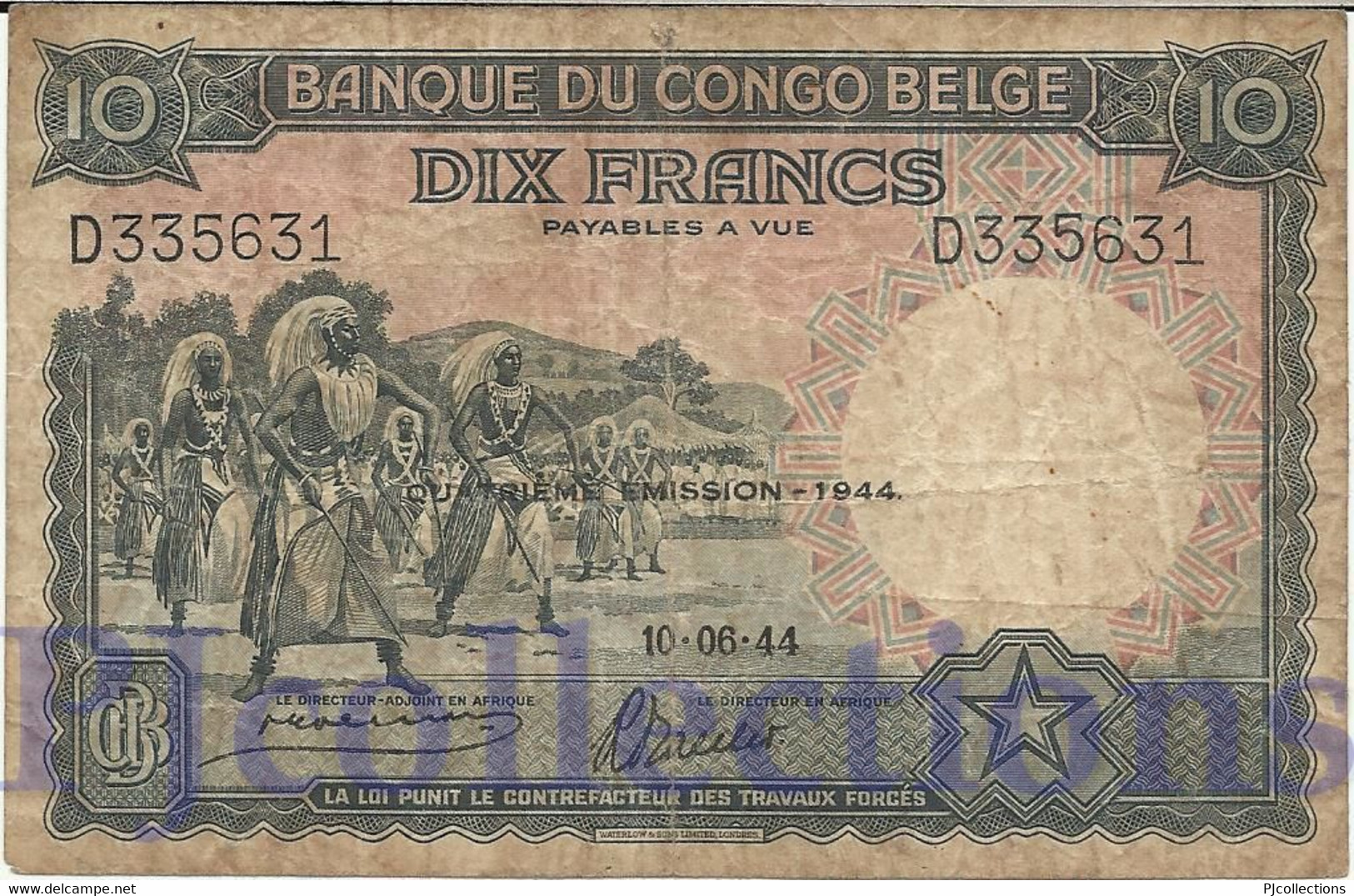BELGIAN CONGO 10 FRANCS 1944 PICK 14D F+ - Bank Belg. Kongo
