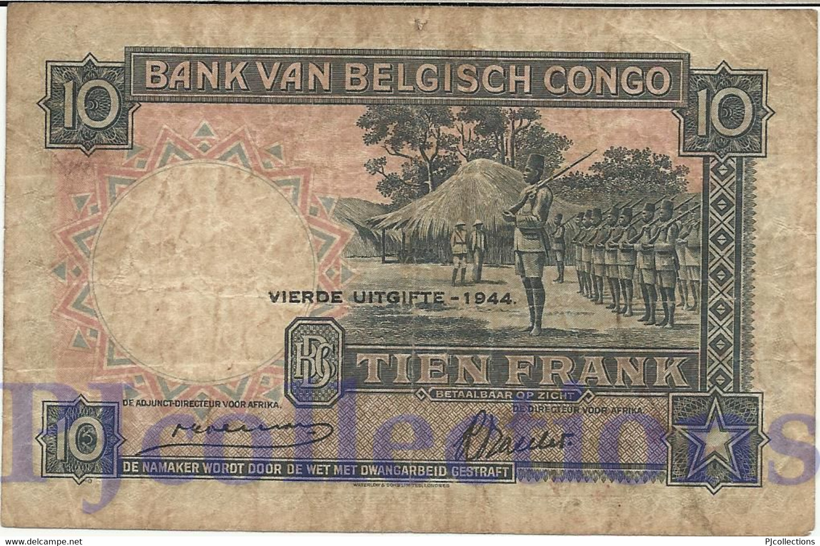 BELGIAN CONGO 10 FRANCS 1944 PICK 14D F+ - Banco De Congo Belga