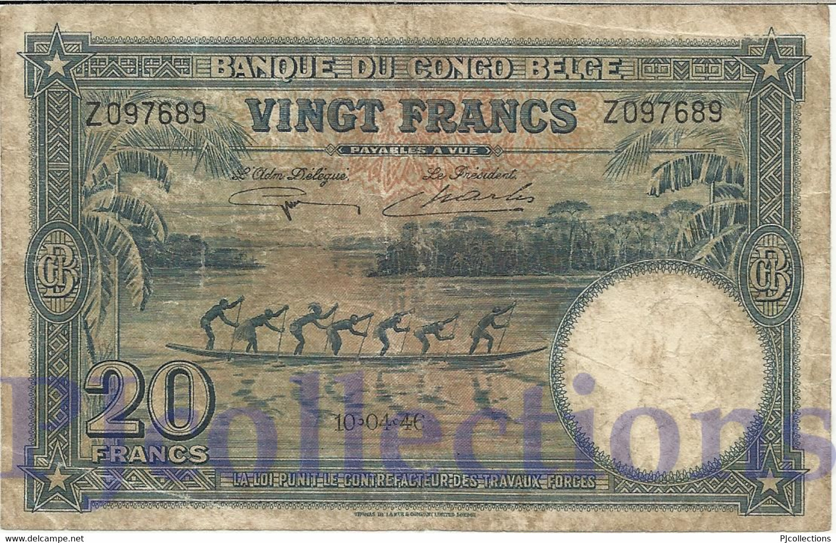 BELGIAN CONGO 20 FRANCS 1946 PICK 15E FINE - Bank Belg. Kongo
