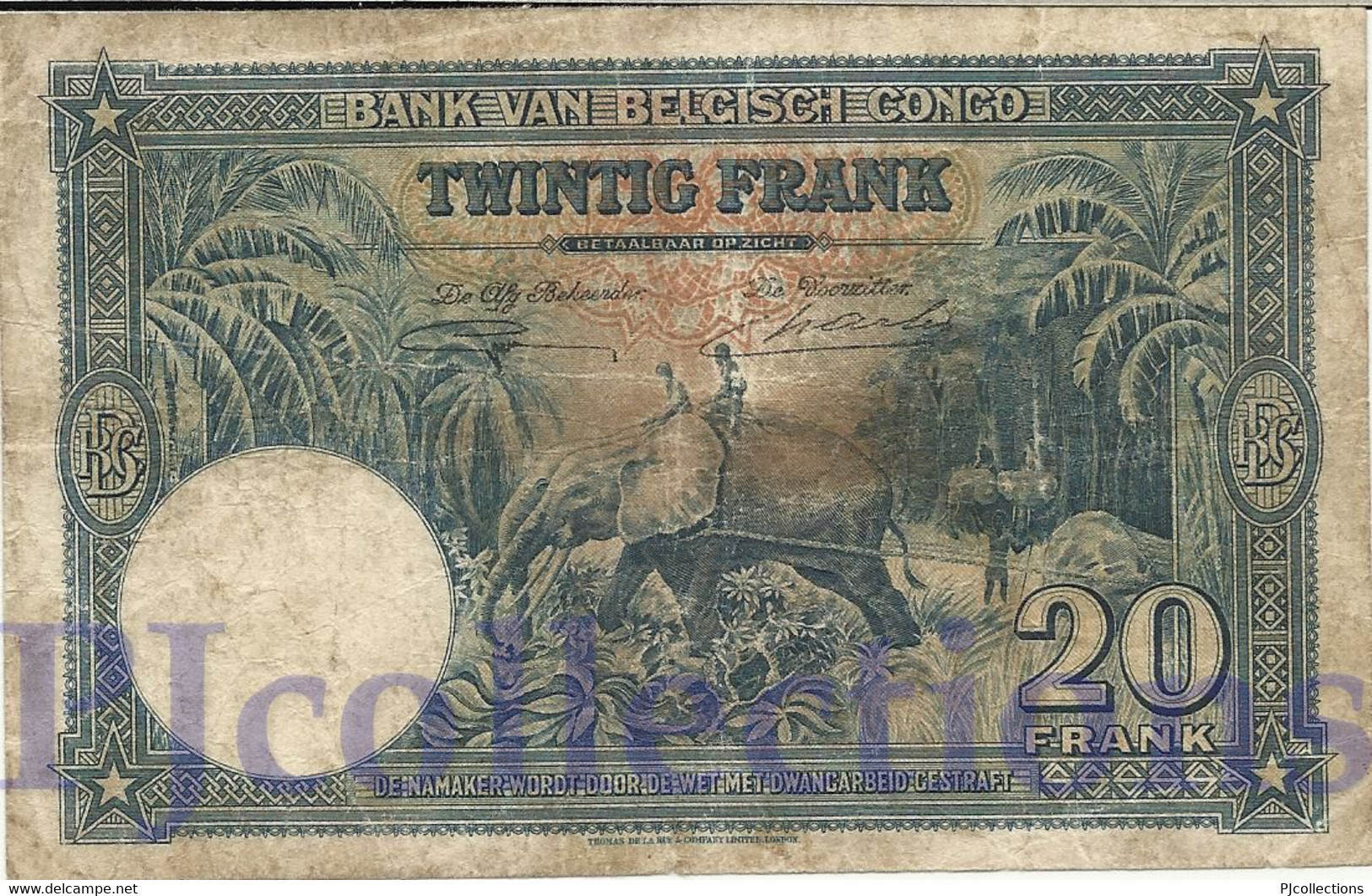 BELGIAN CONGO 20 FRANCS 1946 PICK 15E FINE - Bank Belg. Kongo