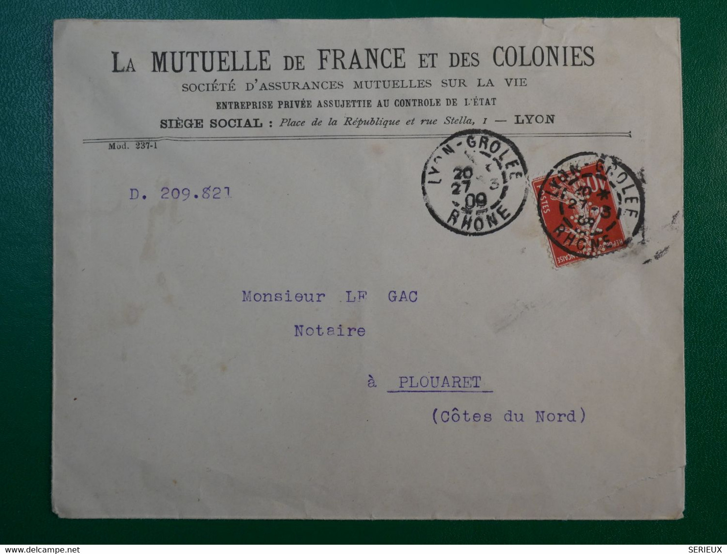 BP 11 FRANCE   BELLE LETTRE FRANCE COLONIES 1909+SEMEUSE PERFORéE + + AFFR. PLAISANT++ - Storia Postale