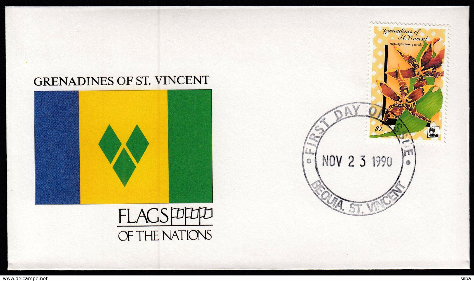Grenadines Of St. Vincent 1990 / Flag, Flags Of The Nations / Flower Rossioglossum Grande - Enveloppes