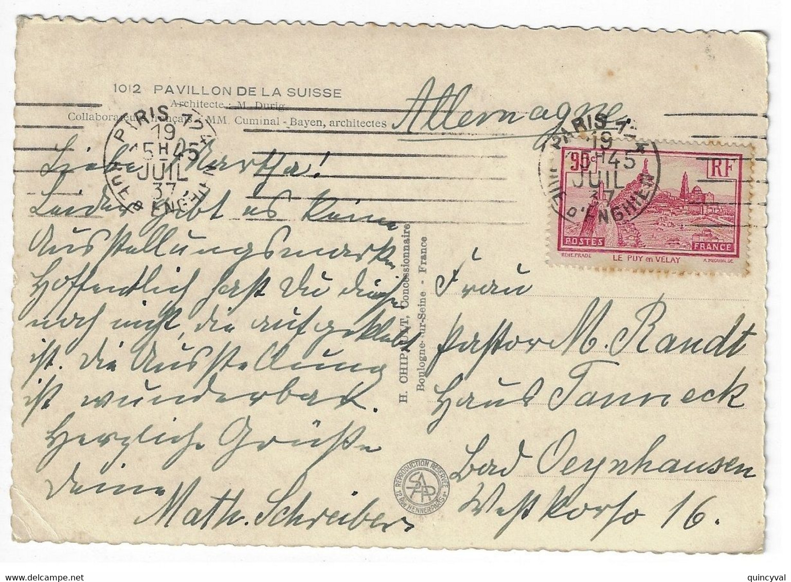 PARIS Carte Postale PAVILLON DE LA SUISSE EXPO INTER 1937 90c Puy En Velay Yv 290 Ob Meca Dest Allemagne - Storia Postale