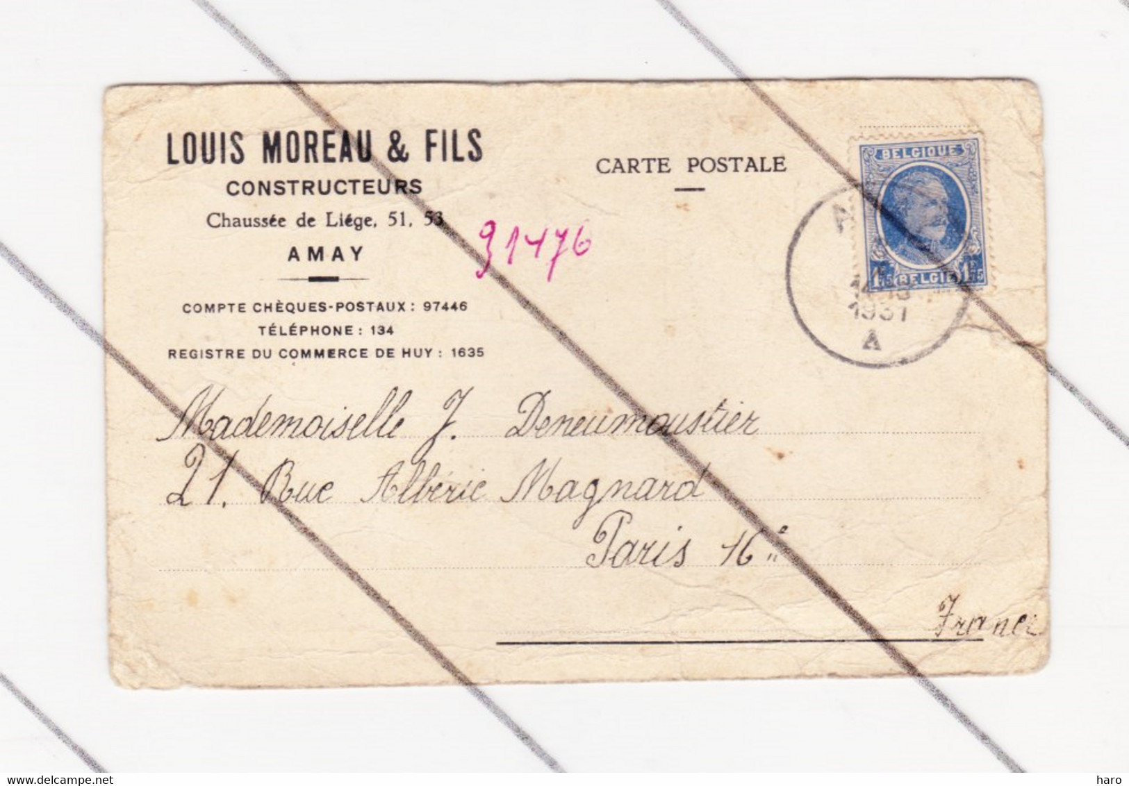 Carte Postale à Entête - Louis MOREAU & Fils, Constructeurs à AMAY - 1931 (B330) - Amay