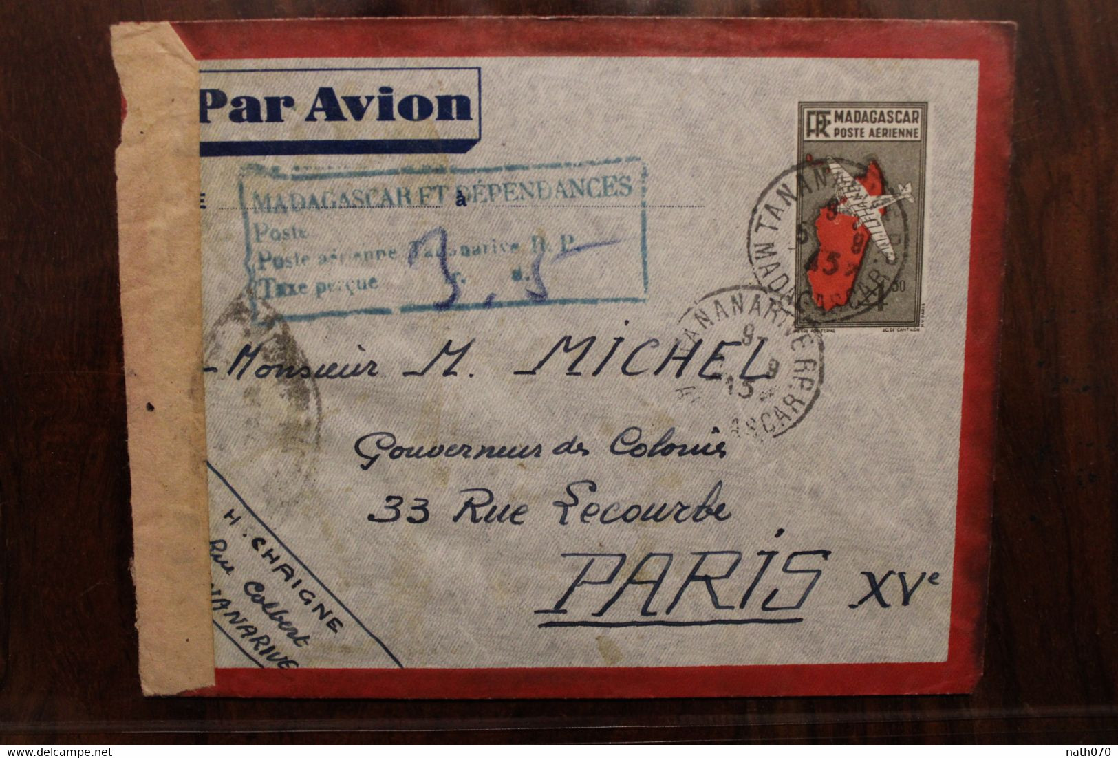 1945 Madagascar Contrôle Postal Censure Poste Aerienne Taxe Perçue Cover Air Mail - Covers & Documents