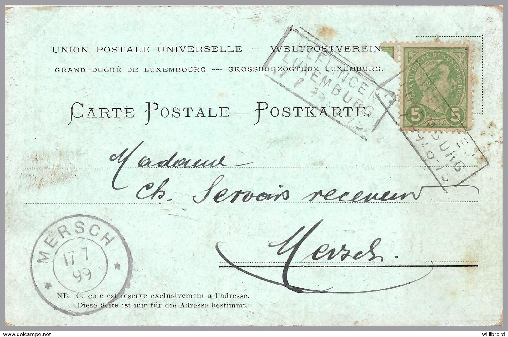 LUXEMBOURG - 1899 GRUSS AUS ULFLINGEN - RPO Ulflingen-Luxemburg Cancel - Used To MERSCH - Undivided Back - 1895 Adolfo Di Profilo