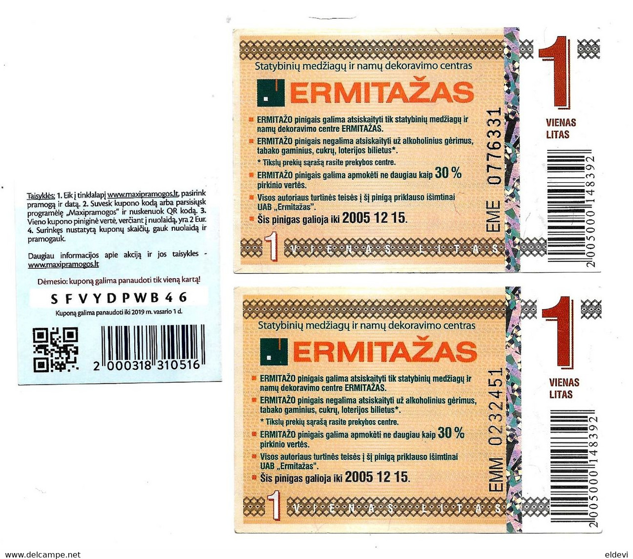 Lithuania Local Paper Money - Ermitazas 1 Litas X 2pcs 2005's & Maxima Coupon 2 Euros UNC R - Lithuania