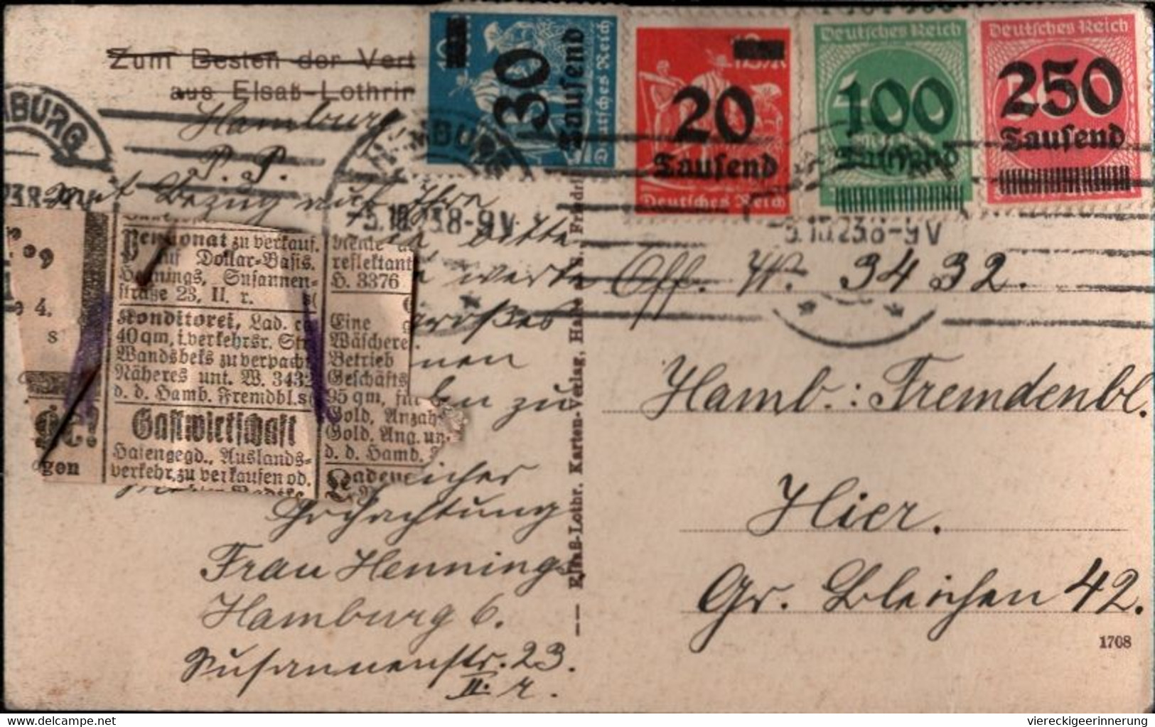 ! Hochinflation 3.10.1923, Ansichtskarte Metz, Justizpalast, Schöne 4 Farben Frankatur, Hamburg, Kleinanzeige - Briefe U. Dokumente