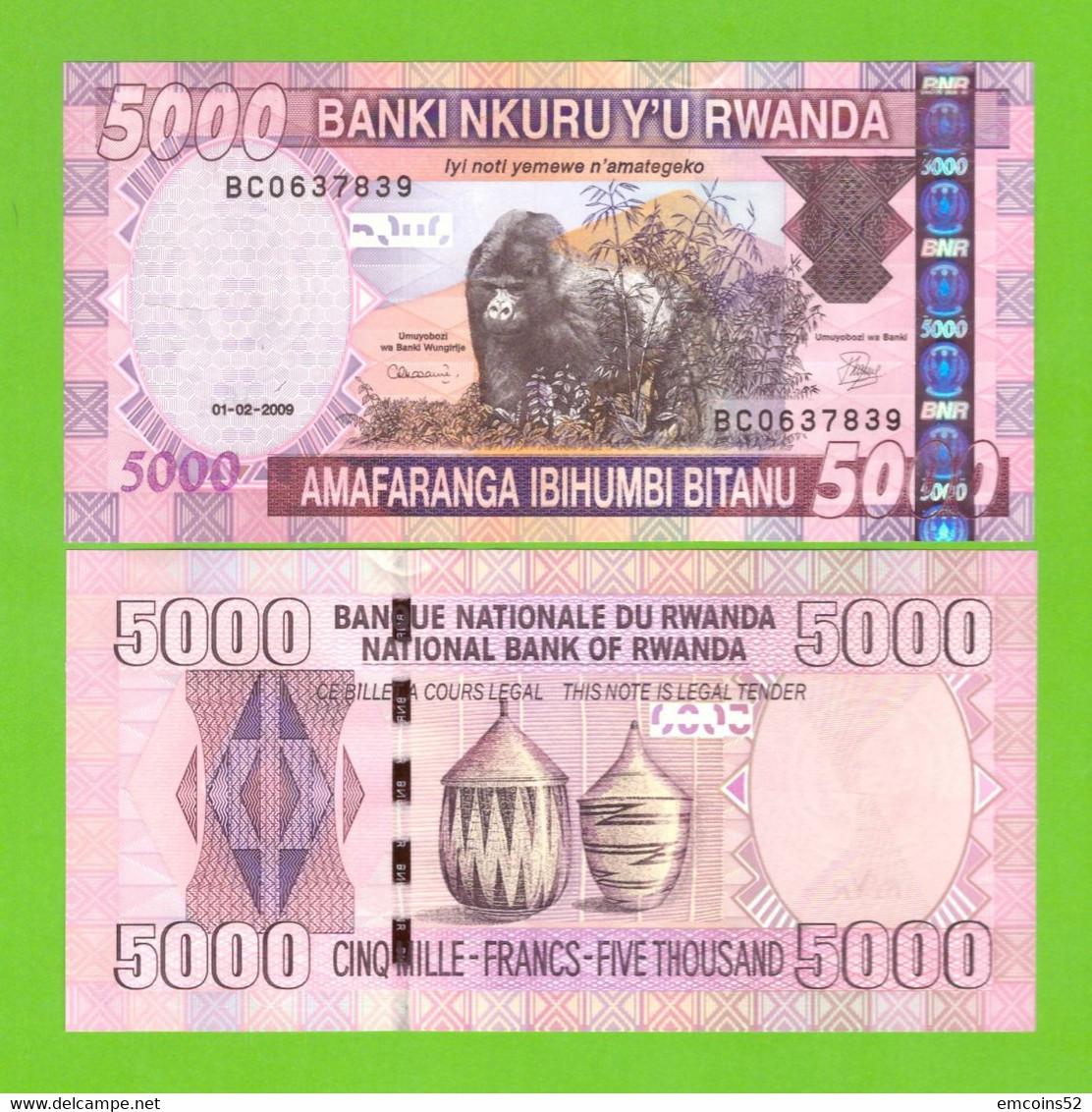 RWANDA 5000 FRANCS 2009 P-37 UNC - Ruanda