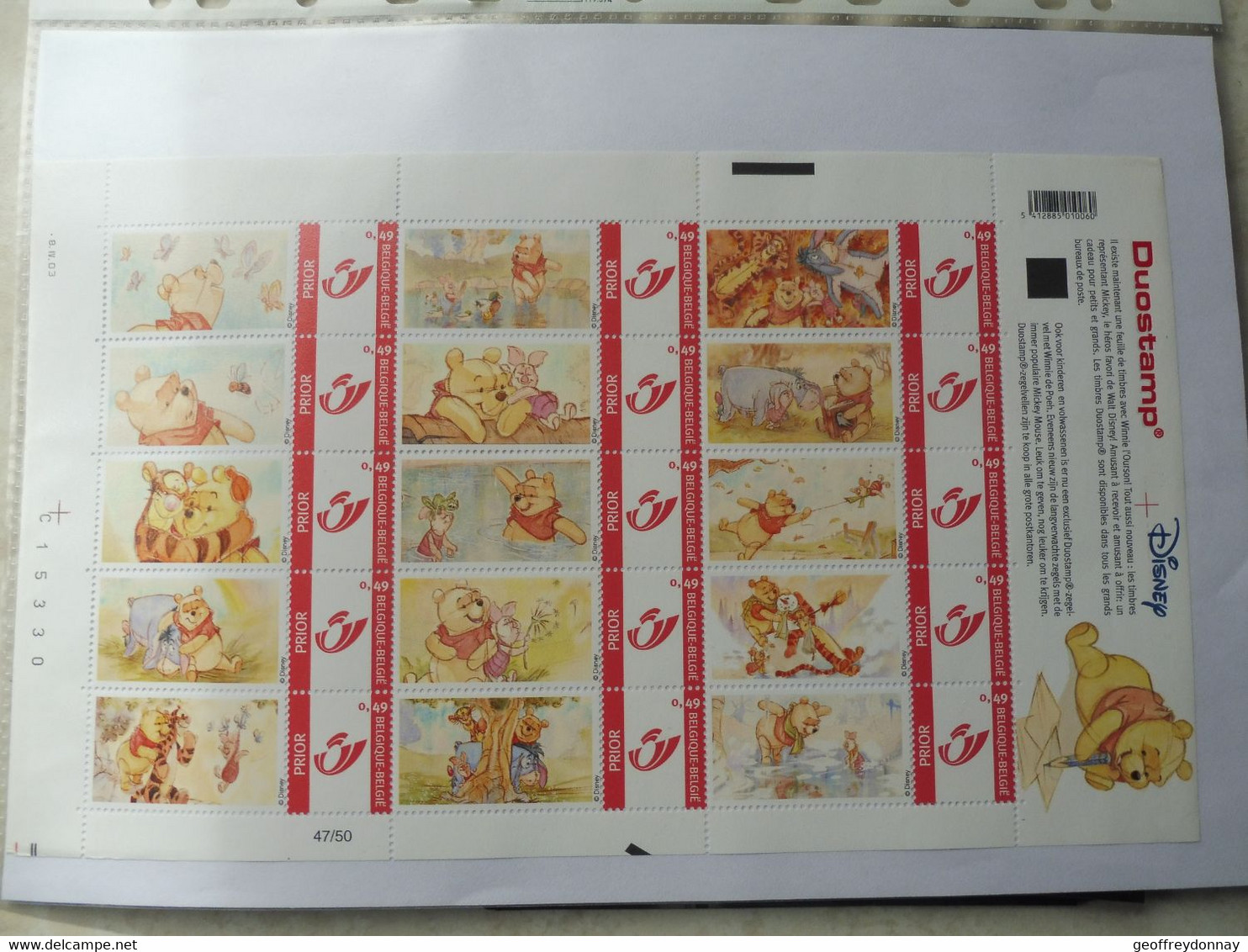 Duostamp Belgique Belgie Winnie L'ourson Disney Neuf Mnh ** Parfait Perfect Feuille Blad Complete  Non Pliée - Autres & Non Classés