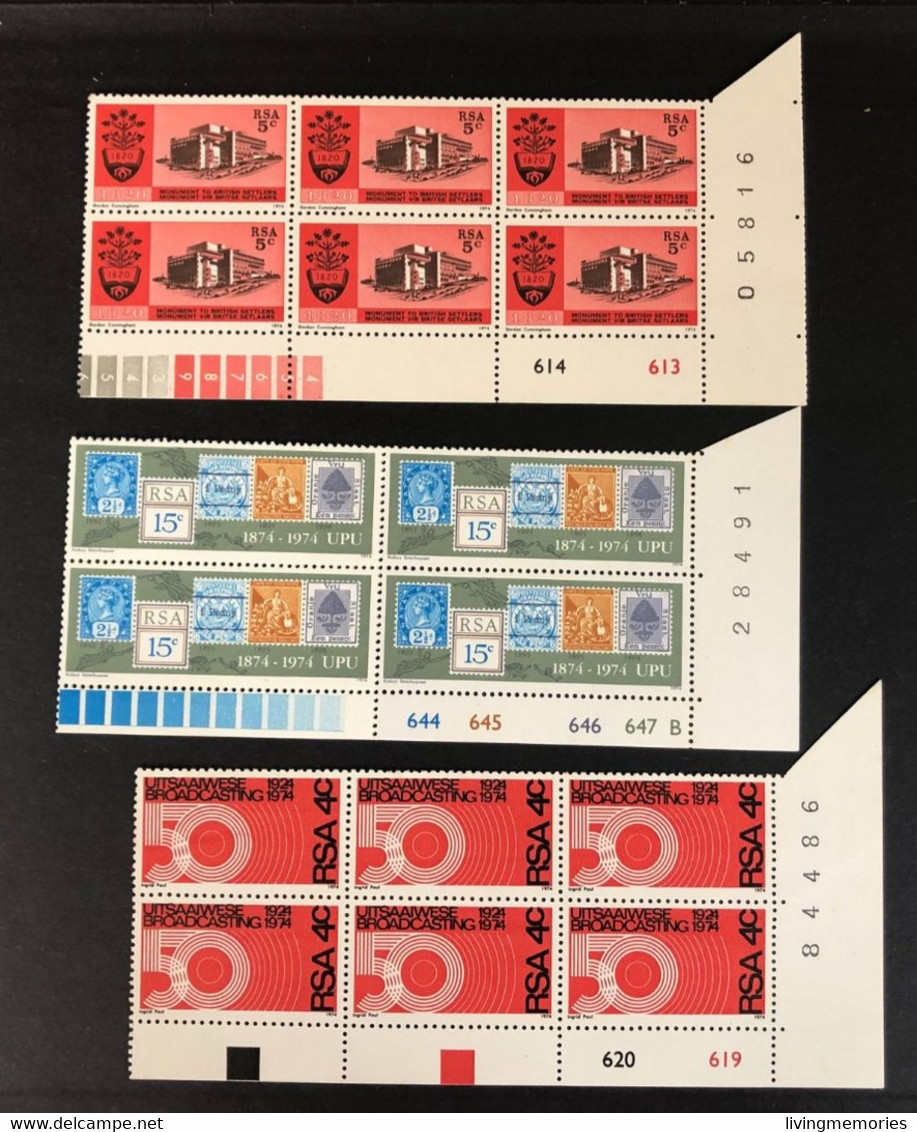 109 VR, SOUTH AFRICA, **Mint Grouped Strips (1 X 6), U.P.U., BROADCASTING, MONUMENTS, 1974 - Ungebraucht