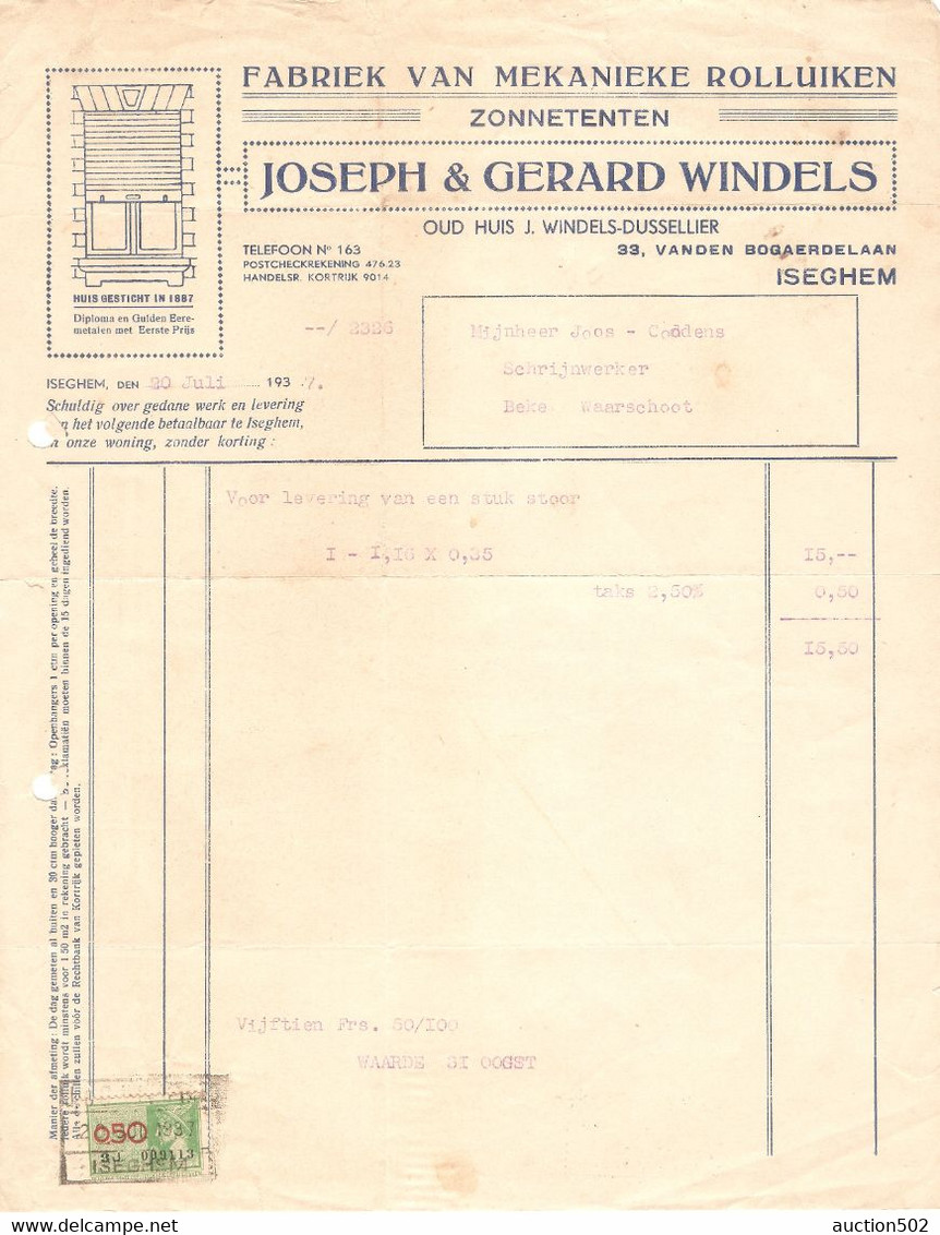 Facture 1937 Joseph & Gerard Windels Iseghem (Izegem) Fabriek Van Mekaniek Rolluiken > Waarschoot + TP Fiscal - Petits Métiers