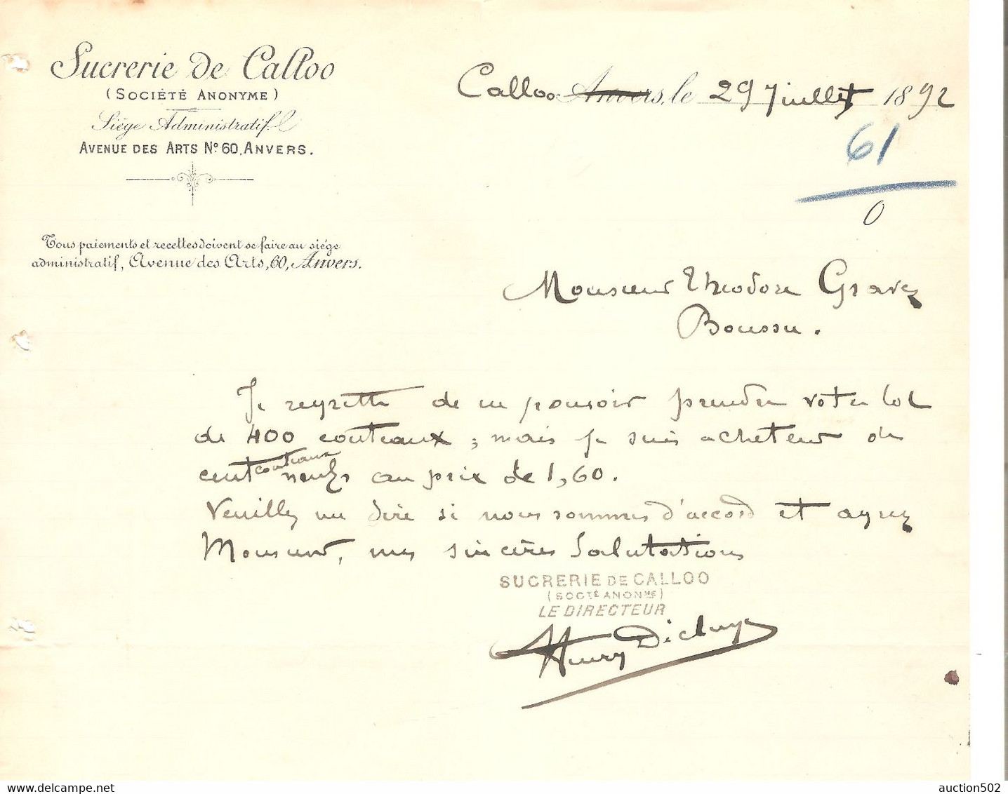 Lettre Commerciale 1892 S.A. Sucrerie De Calloo Liège Administratif > Boussu - Lebensmittel